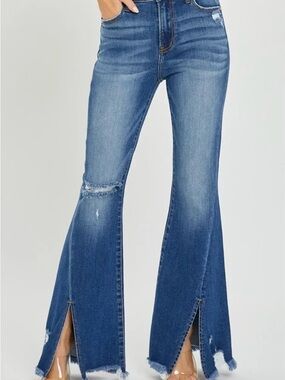 RISEN Full Size High Rise Front Slit Frayed Hem Flare Jeans